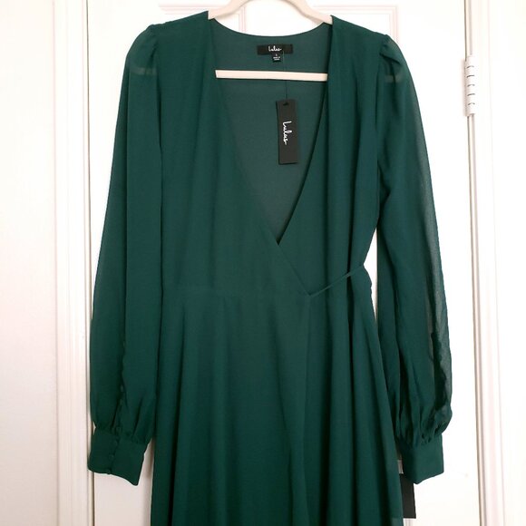Lulus My Whole Heart Emerald Green Long Sleeve Wrap Dress Formal Party Size L - Picture 4 of 16